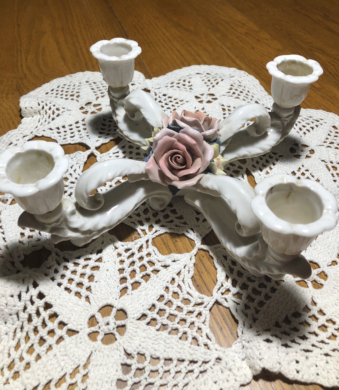 Karl ENS Porcelain Pink Roses 1919-1945 Centerpiece Four 4 Candle Germany