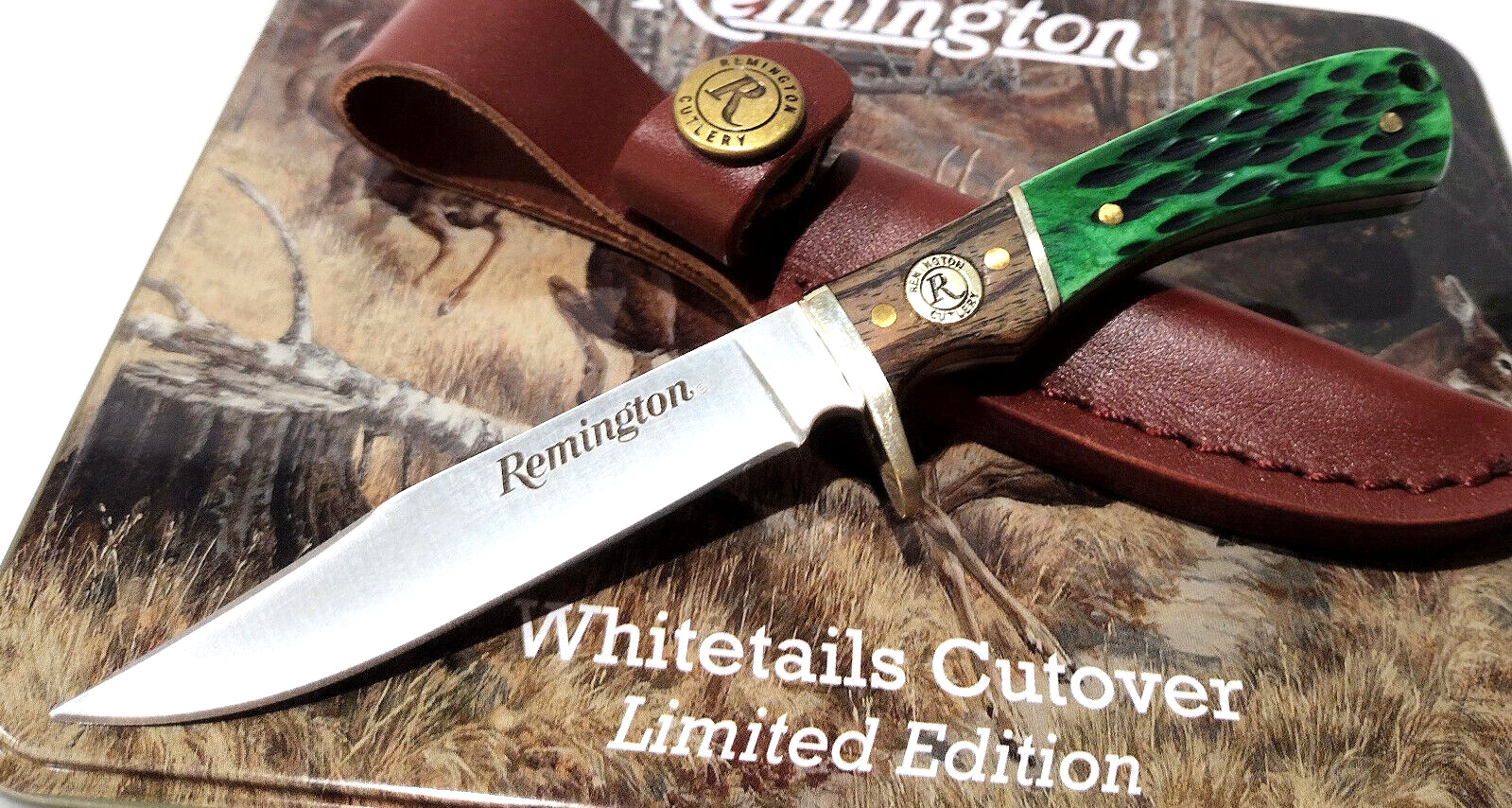 Remington Buck Deer Tin Green Jigged Bone Full Tang Hunting Knife + Sheath