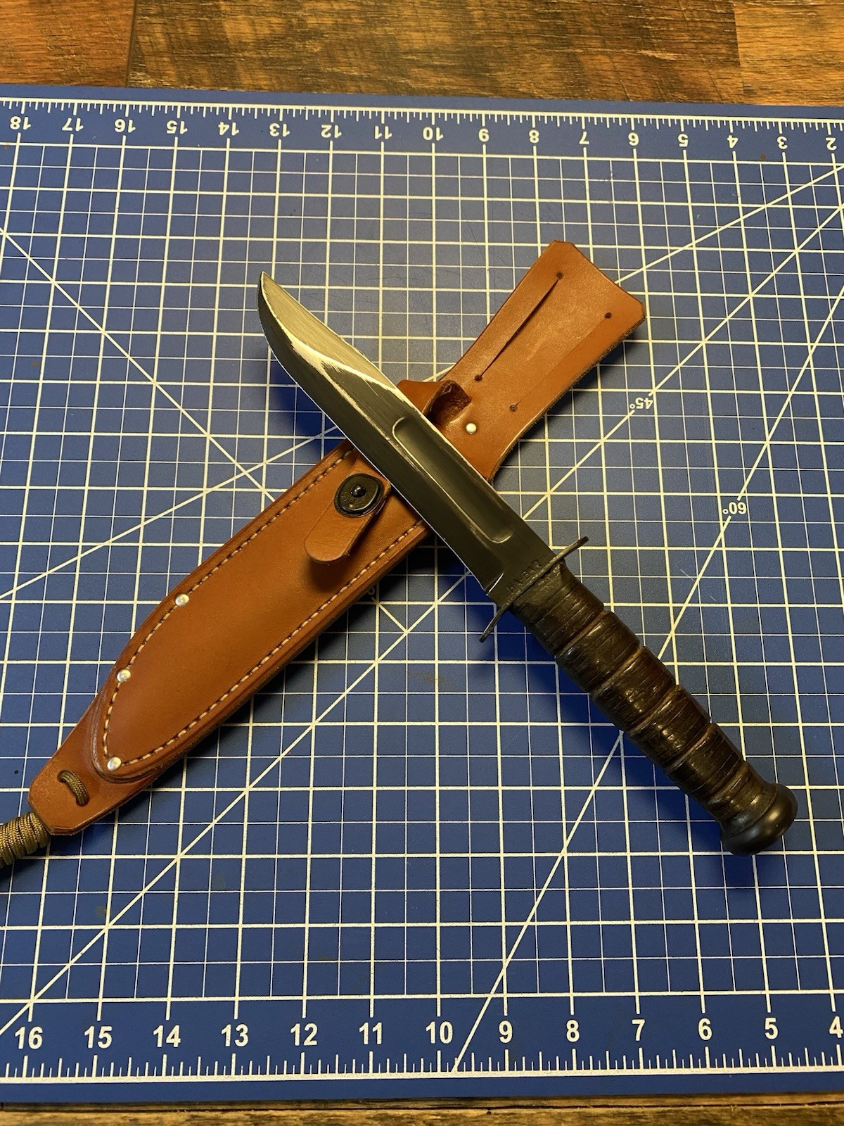 Vintage KaBar Fighting Knife with Custom Leather Peloza Lift Dot Sheath