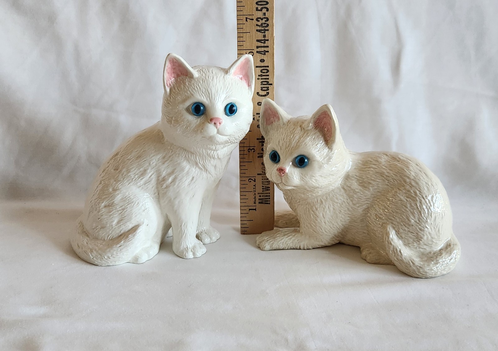 Persian Kittens White Ceramic w/Blue Glass Eyes Excellent Vintage Condition