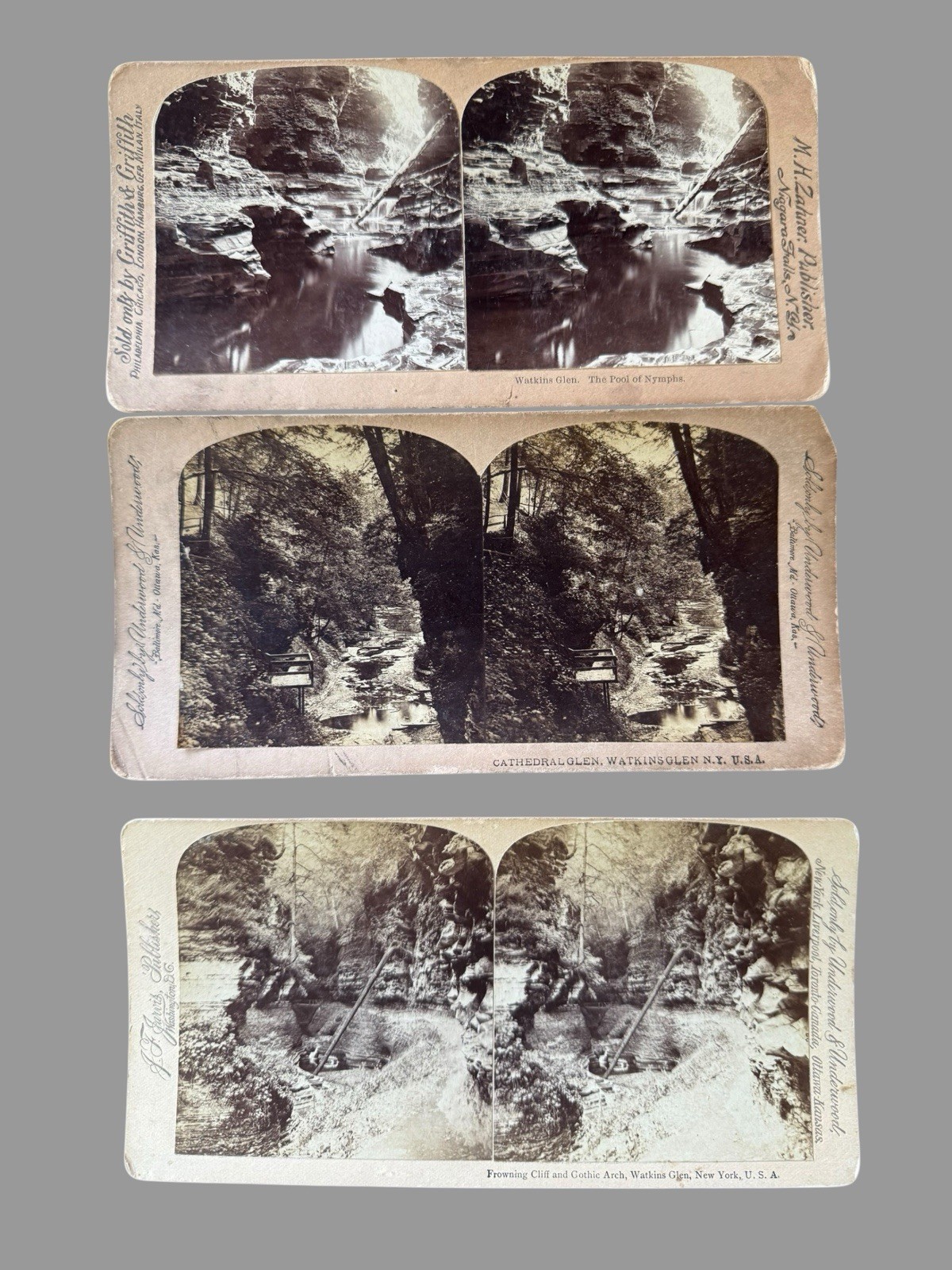 3 Antique Watkins Glen NY Stereoviews Cathedral Glen Gothic Arch Pool Nymphs 