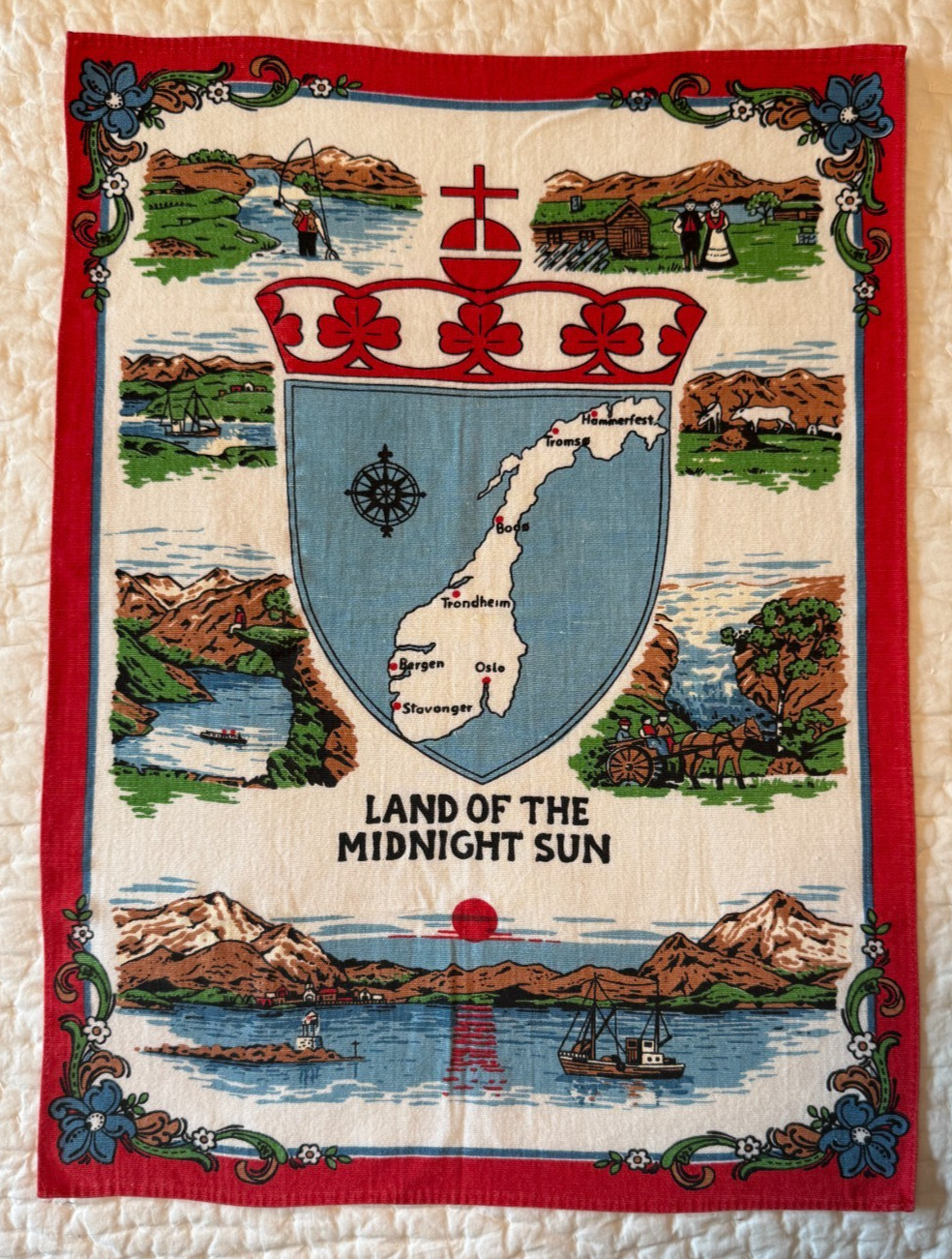 NORWAY LAND OF THE MIDNIGHT SUN VINTAGE LINEN TEA TOWEL. 20\