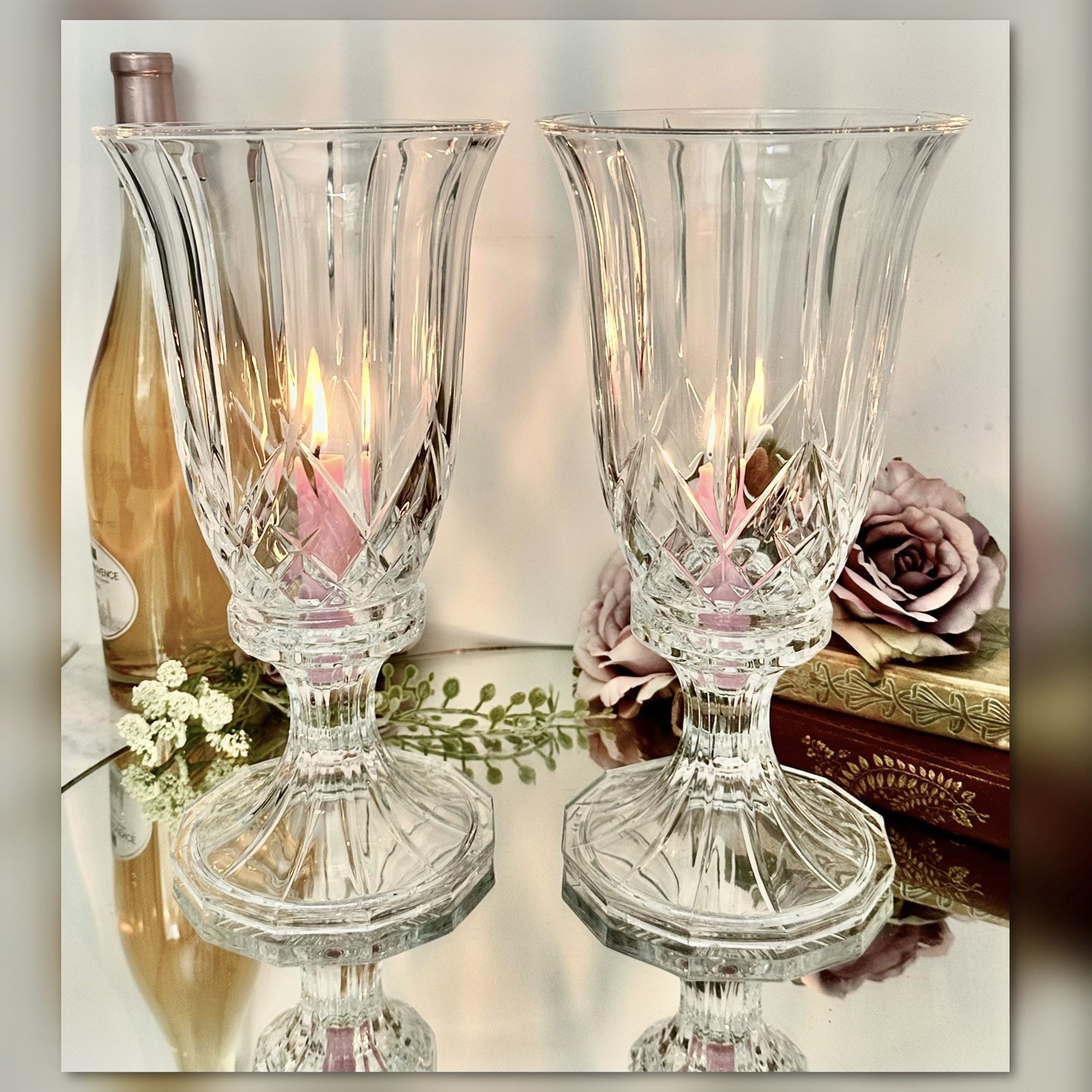 Vintage Glass Hurricane Candle Holders Pair 12\