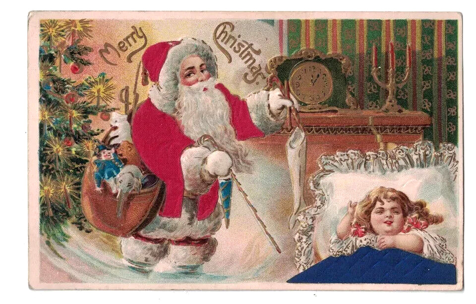 Silk Santa Claus with Sleeping Girl~Tree~Toys ~Antique Christmas Postcard~h919