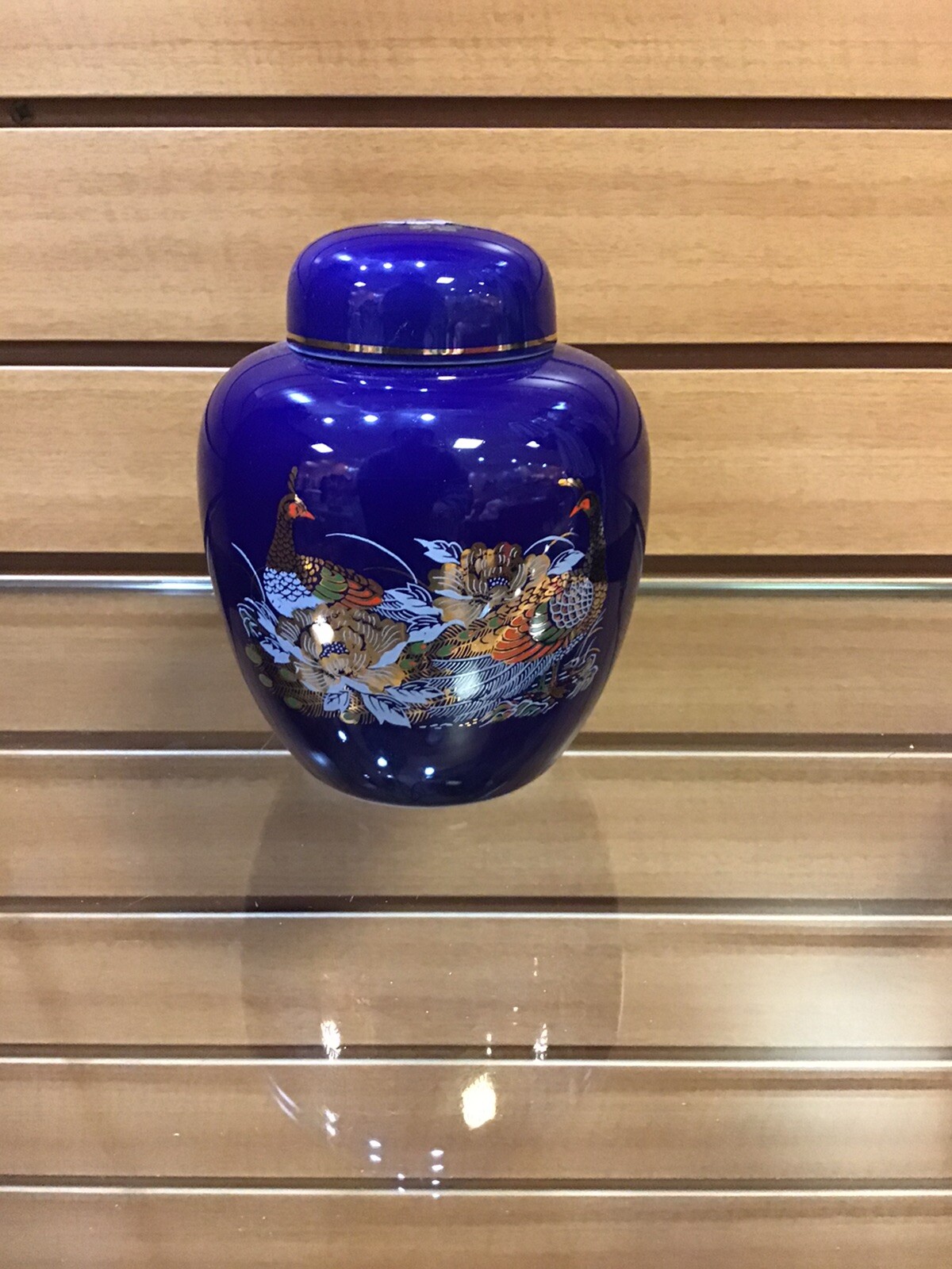 JAPANESE COBALT BLUE GINGER JAR W/ PEAFOWL 