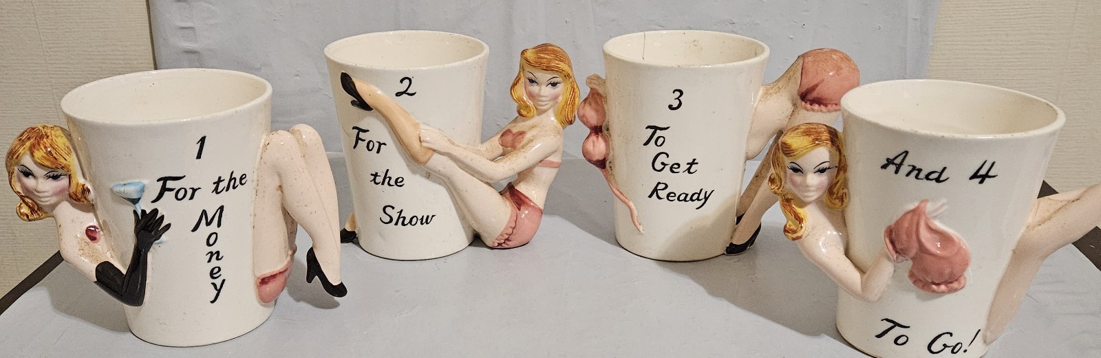 Set of 4 VTG 50's Burlesque Party Girl Ceramic Mugs 8636