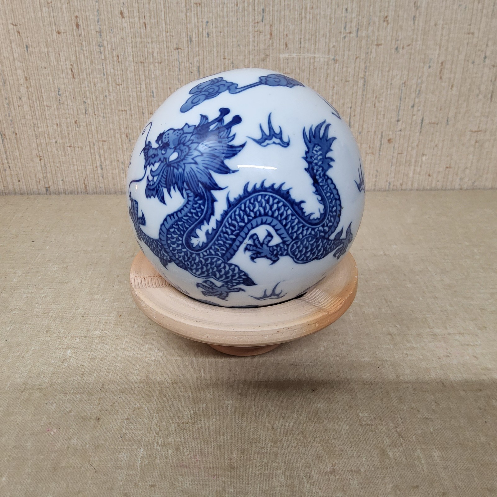 Vintage Asian Porcelain Dragon Ball With Stand