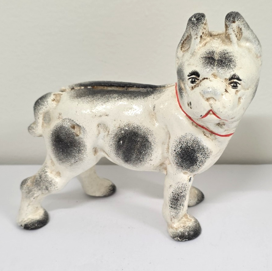 Vintage Cast Iron Boston Terrier Bulldog Dog Still Coin Bank Red Collar