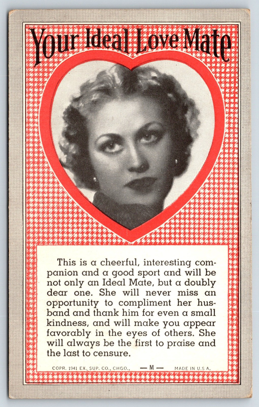 Vintage Postcard, 1941, ideal love mate