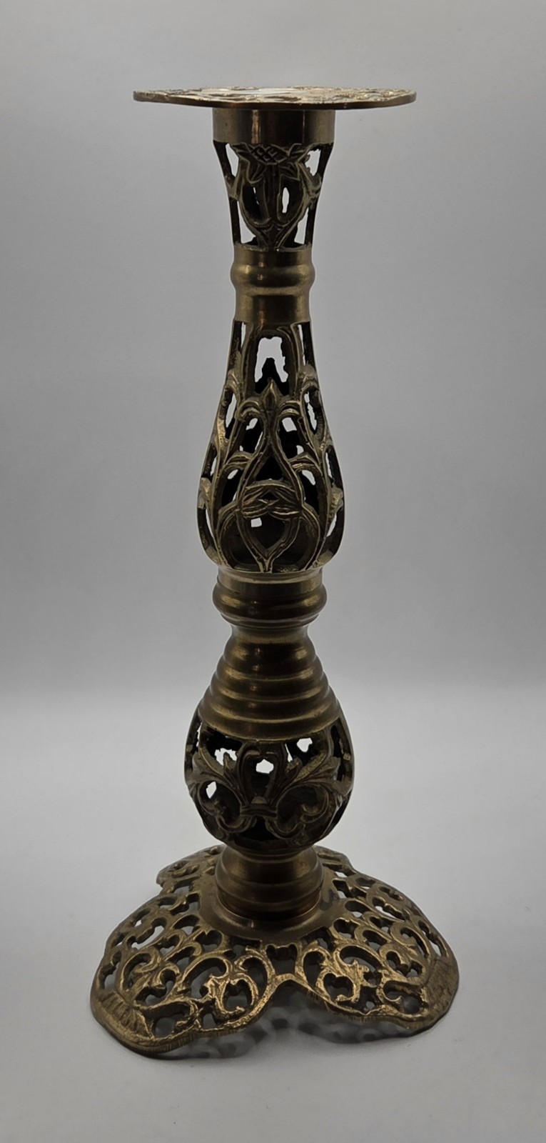 VTG 1970s Ornate Brass Candlestick Holder Reticulated Filigree Hollywood Regency