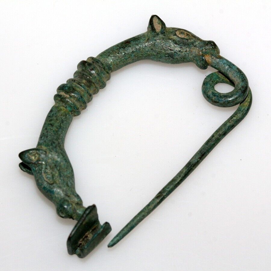 Ancient Greek bronze bow type fibula brooch with horse heads-ca 700-500 BC