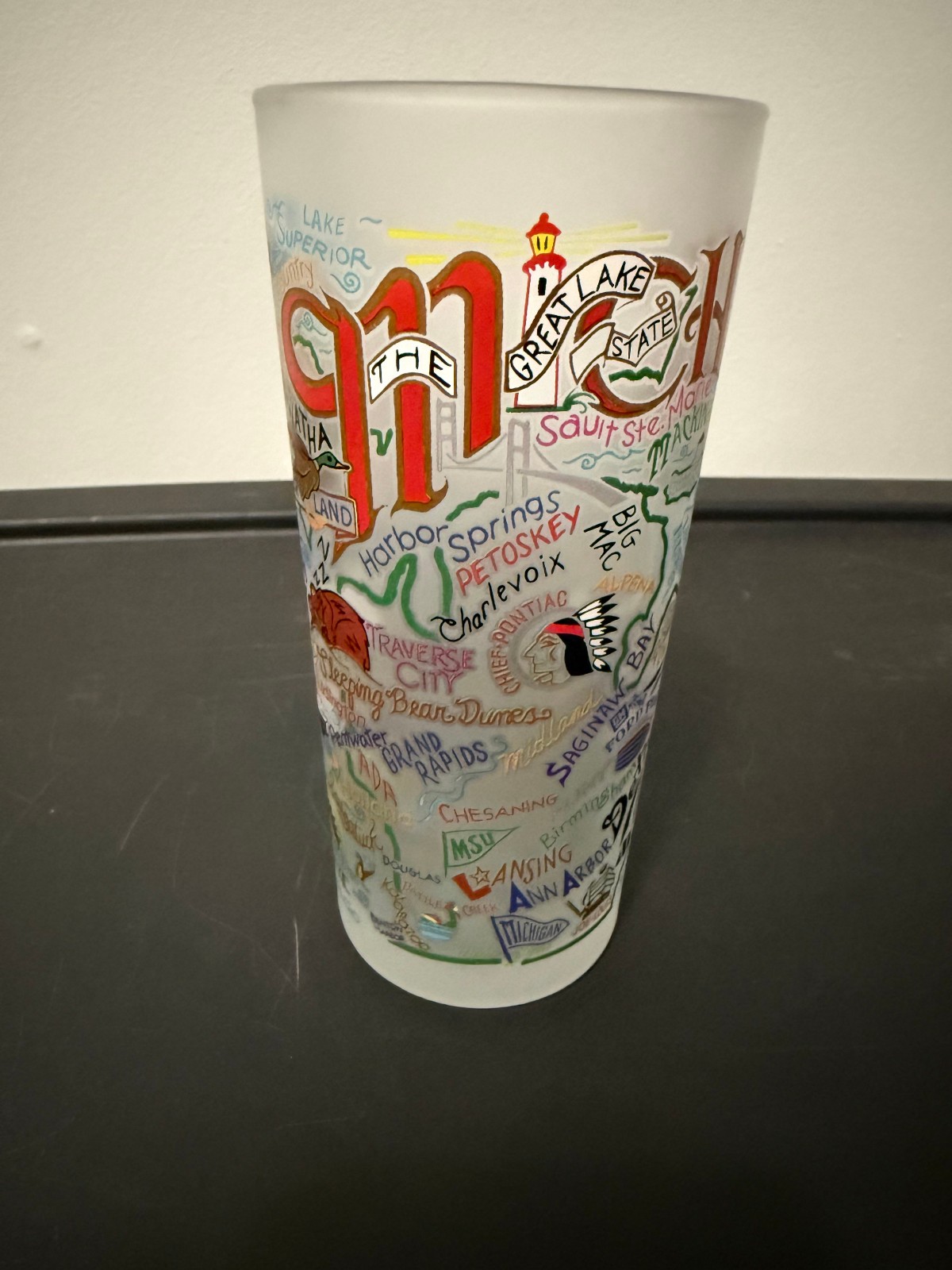 Michigan Map of State Novelty Drinking Cup; Catstudio Brand, Very Good Condition