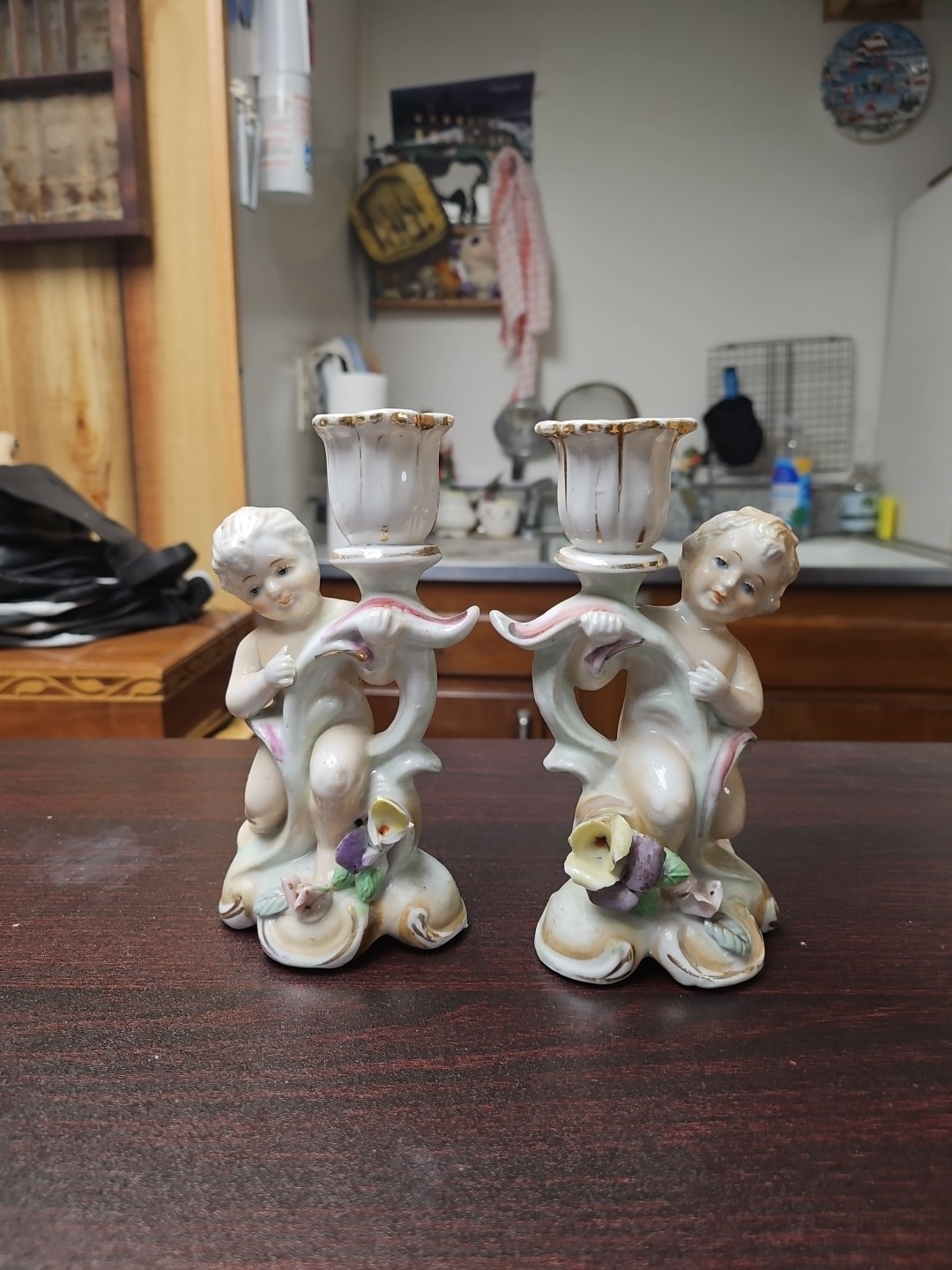 VTG Von Schierholz Handmade Pair Porcelain Cherub Candle Holders