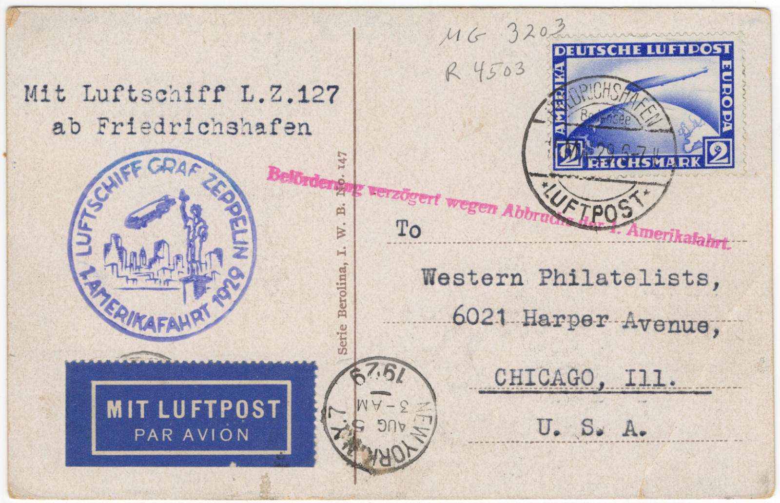 1929 Graf Zeppelin LZ 127 Amerikafahrt Sieger 26A Delay Cachet Postcard