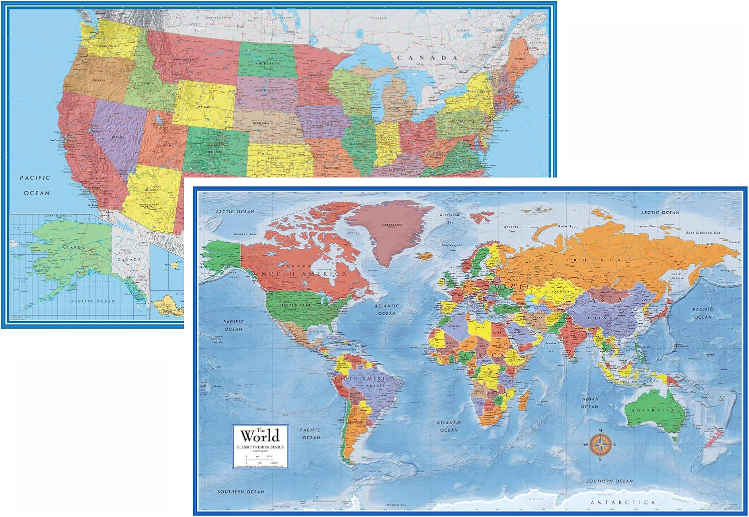 24x36 World and USA Wall Map Set Laminated 3D Terrain Geography Classroom
