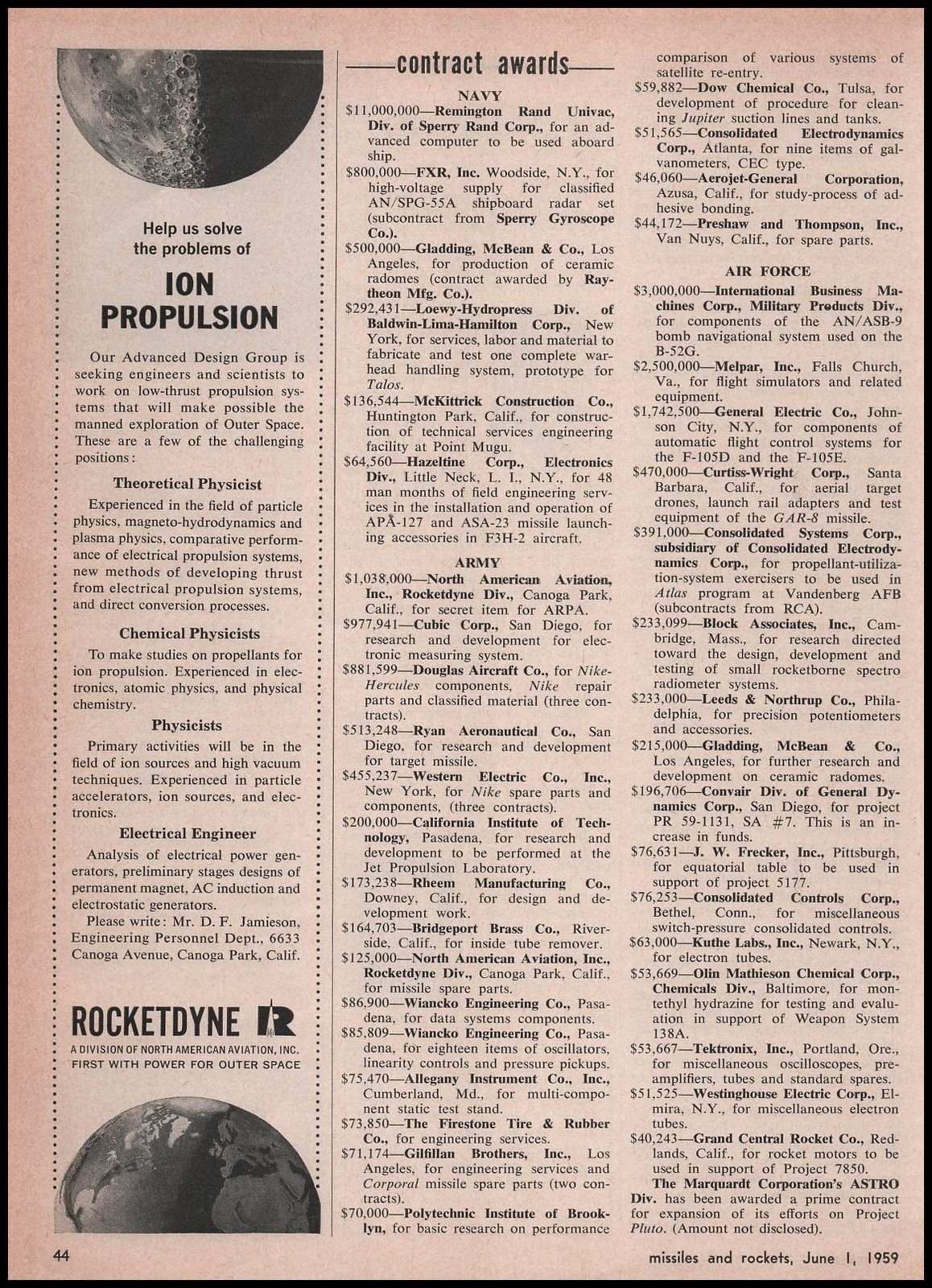 1959 Rocketdyne Canoga Park California Ion Propulsion Engineers Wanted Print Ad 1959 Rocketdyne Canoga Park California Ion Propulsion Engineers Wanted Print Ad