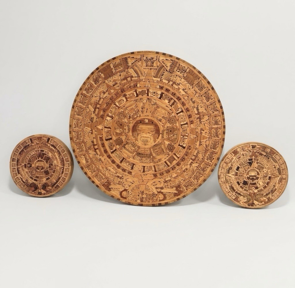 Vintage Wooden Carved Inlaid Mayan Aztec Calendar Plaque 24” & 10” Wall Art LOT