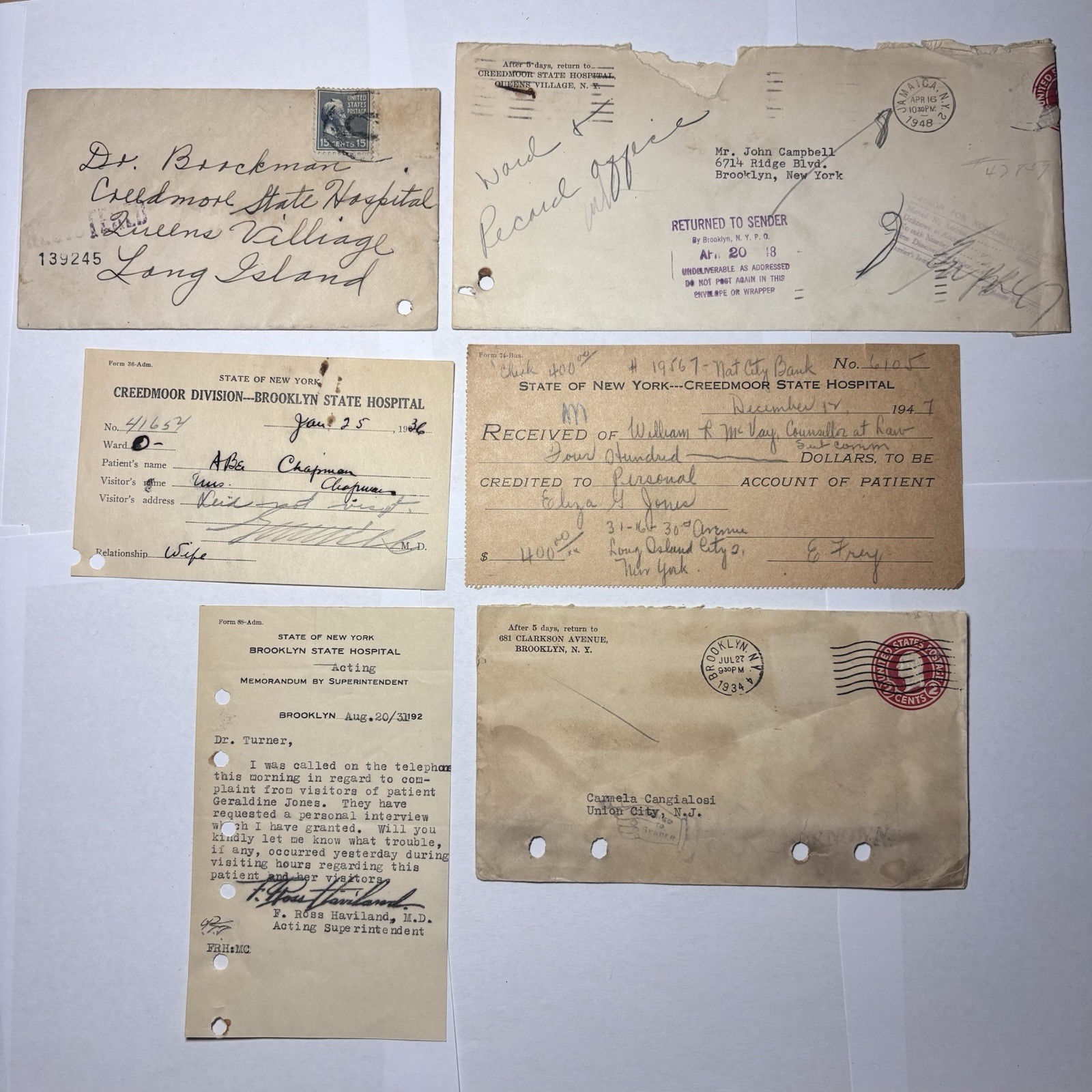 Vintage 1920-40s Creedmoor Brooklyn State Hospital Documents Ephemera Lot NYC