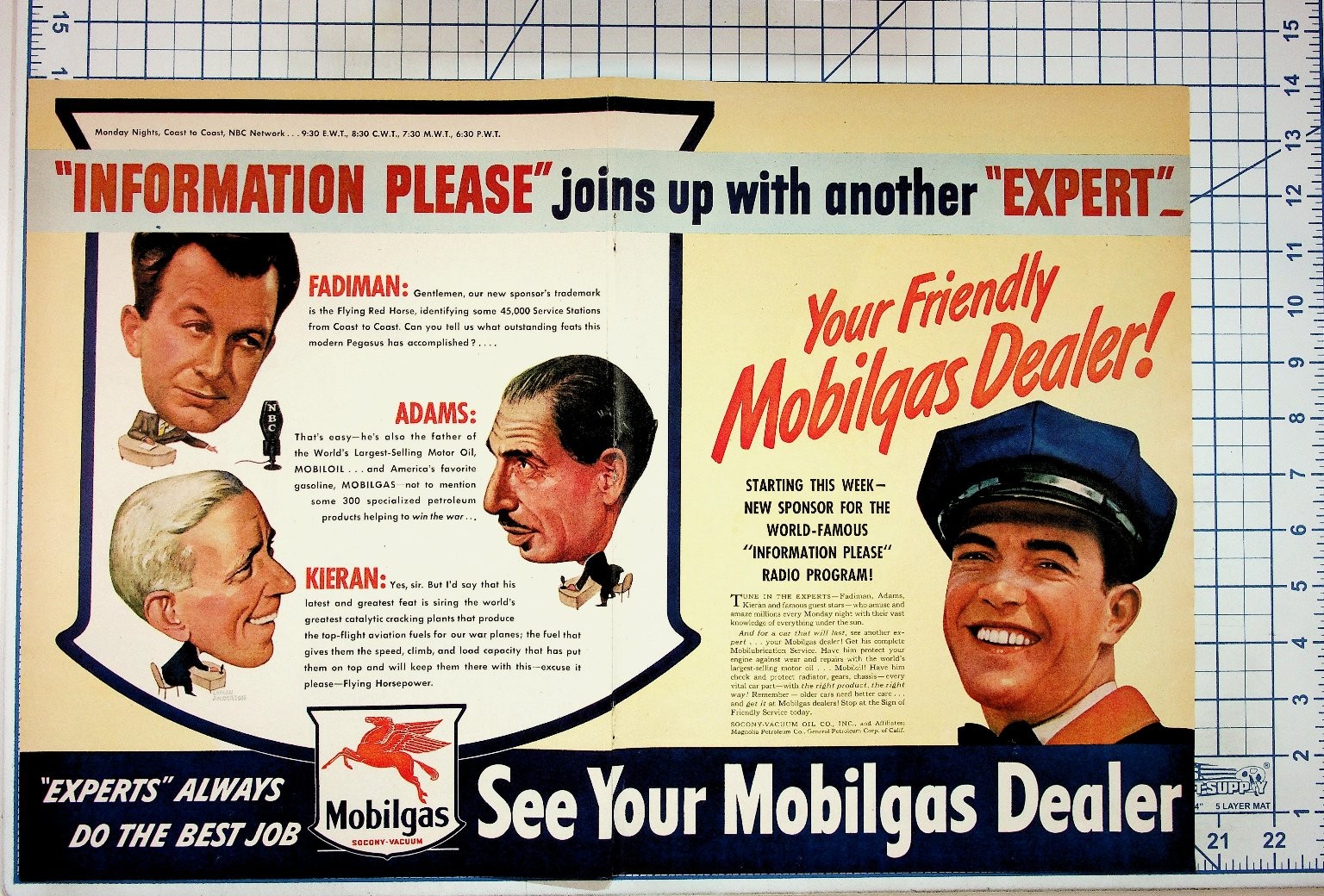 1940s Mobilgas Ad NBC Information Please Radio WWII Era Ephemera 1940s Mobilgas Ad NBC Information Please Radio WWII Era Ephemera