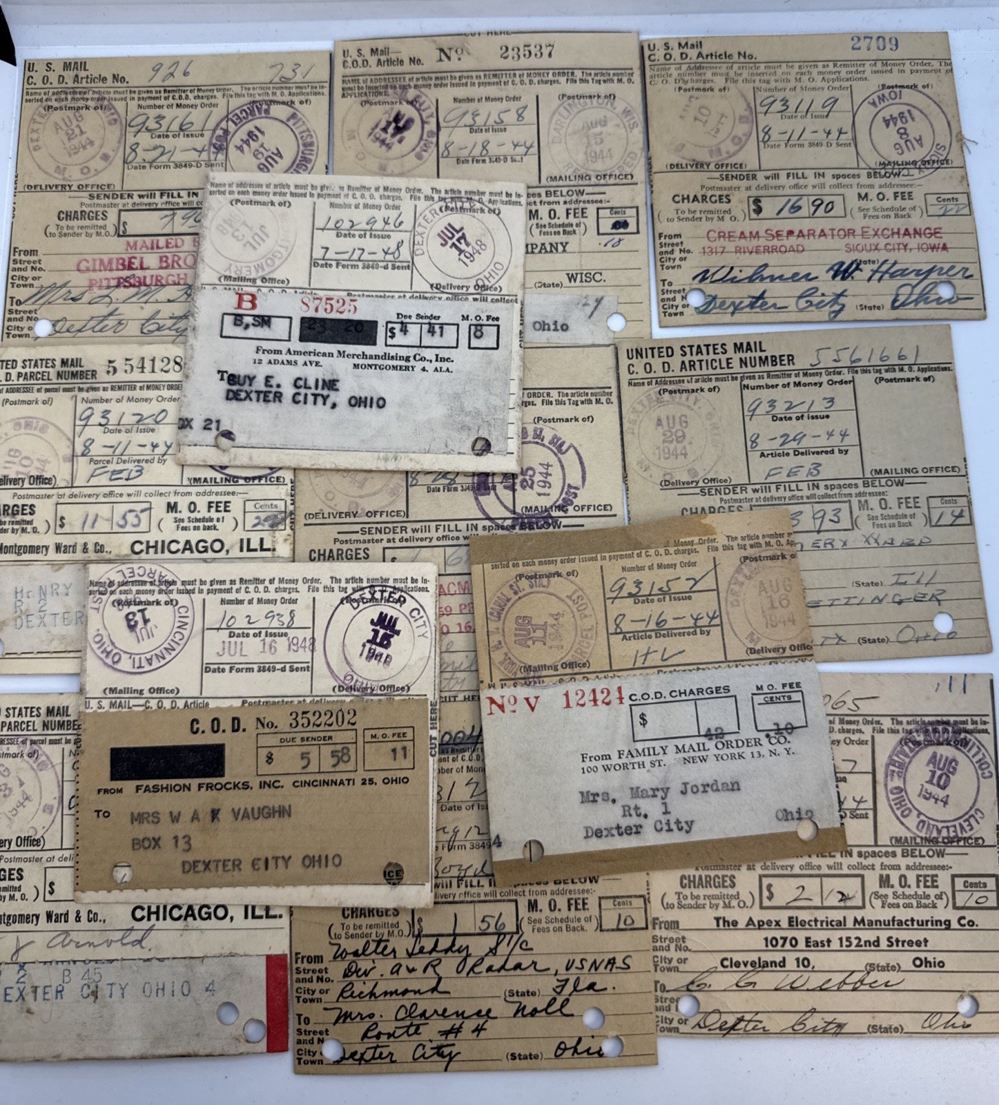 Vintage US Mail COD Postal Tags Receipts Paper Ephemera 1940s Vintage US Mail COD Postal Tags Receipts Paper Ephemera 1940s