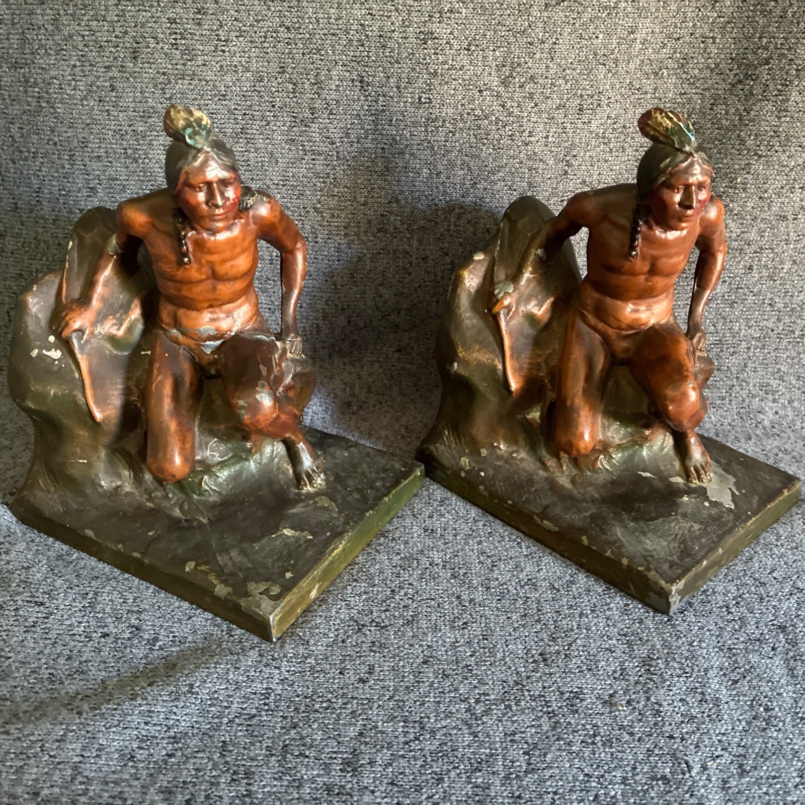 Vintage Native American Scout Cast Metal Polychrome Bookends Pair Bronze Tone