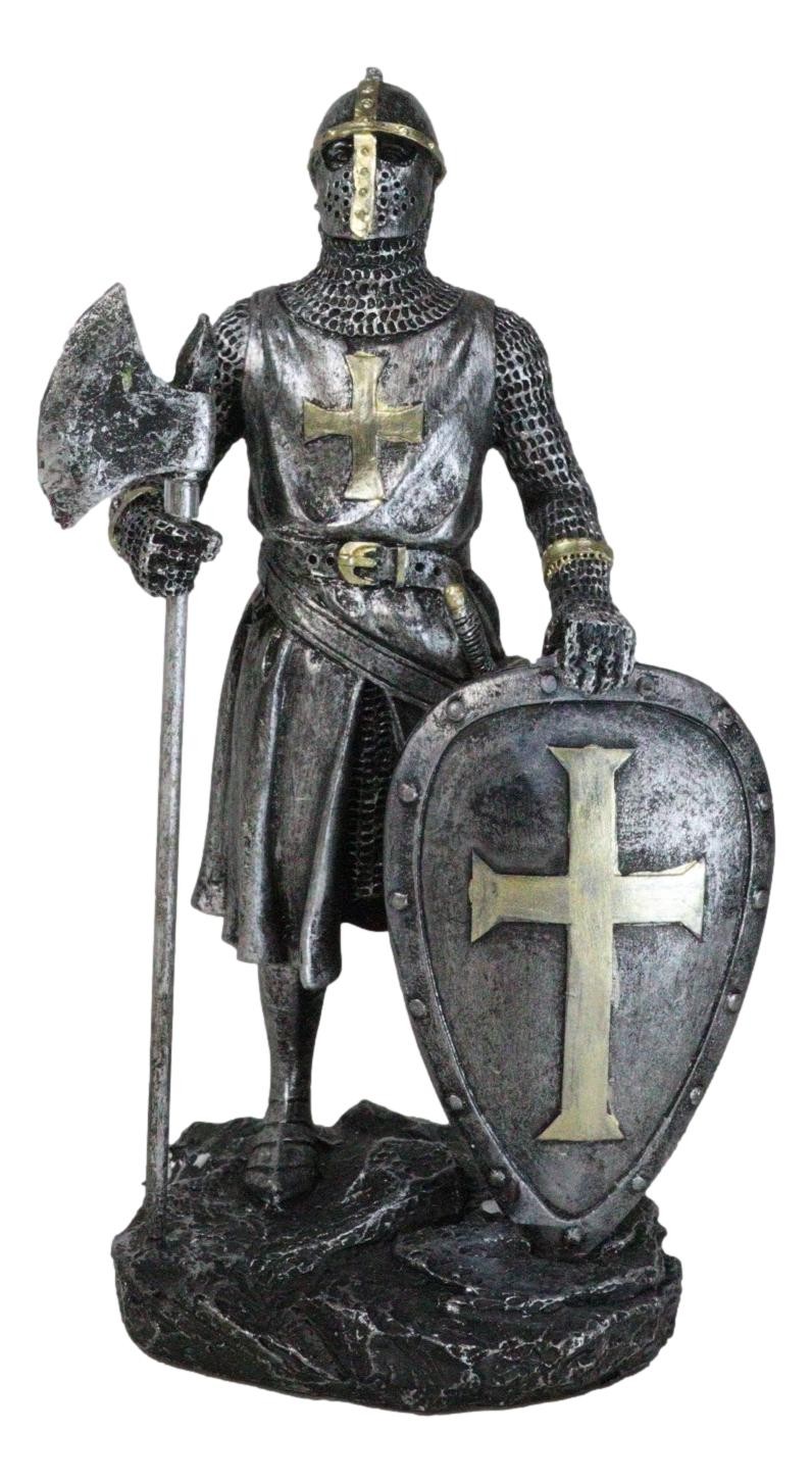 Medieval Suit Of Armor Crusader Knight With Axe And Large Shield Figurine
