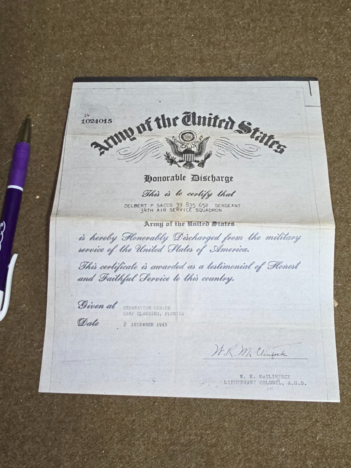 WWII Honorable Discharge Certificate Named to Sacos SEE DESC