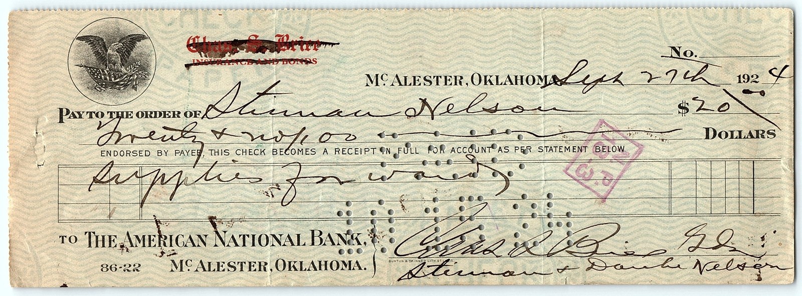 1914 OKLAHOMA Vintage $20 Bank Check, Filled Out