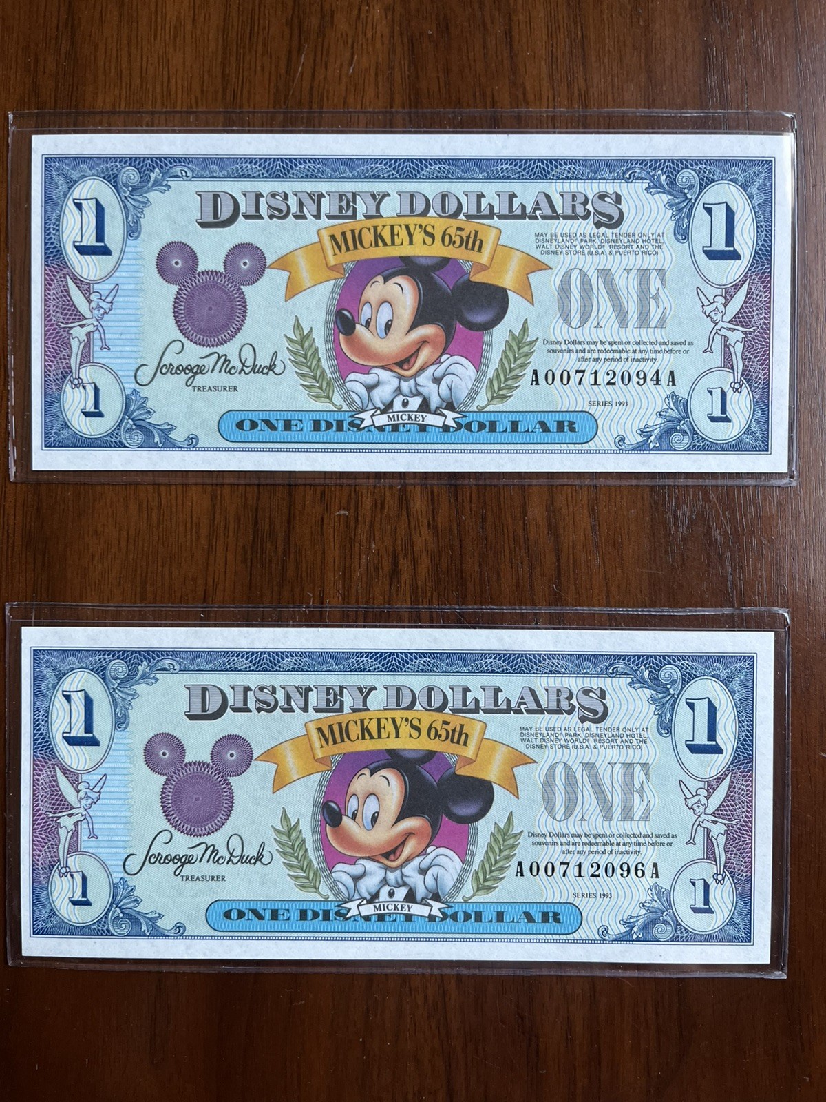 2 Disney Dollars $1 Mickey\'s 65th Anniversary 1993 Sequential Uncirculated