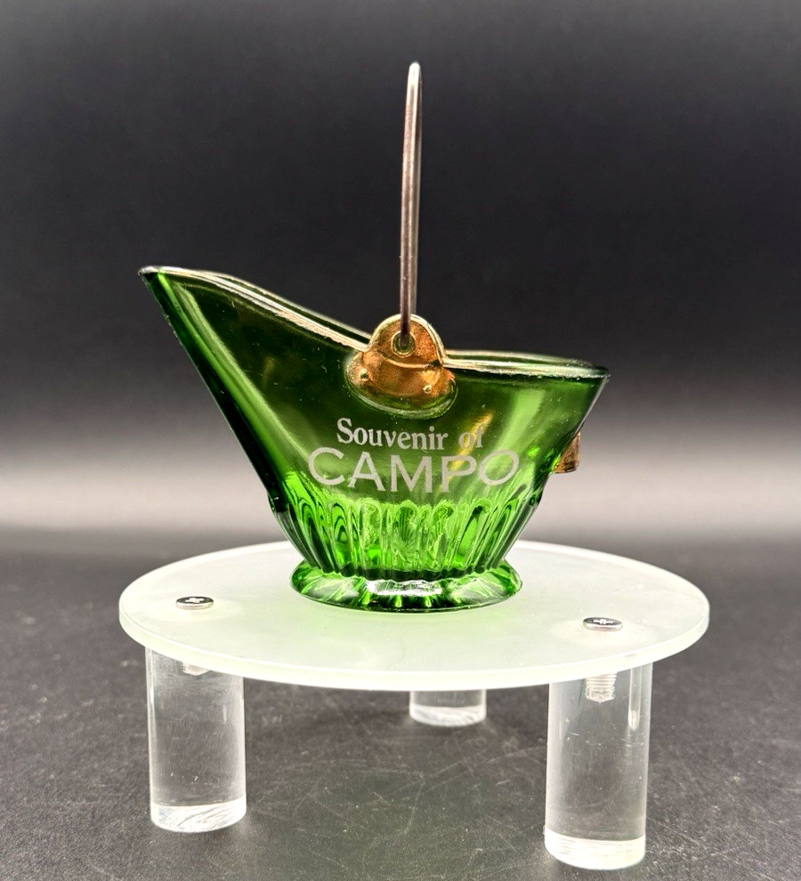 Vtg Souvenir Small Green Glass Ashtray Bucket w/ Handle Gold Trim Atq Campo CA Vtg Souvenir Small Green Glass Ashtray Bucket w/ Handle Gold Trim Atq Campo CA