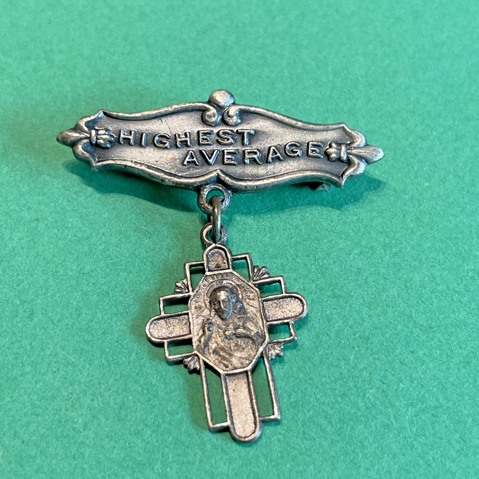 Rare Vintage Highest Average Catholic Brooch Award Pin C Clasp Silver-tone