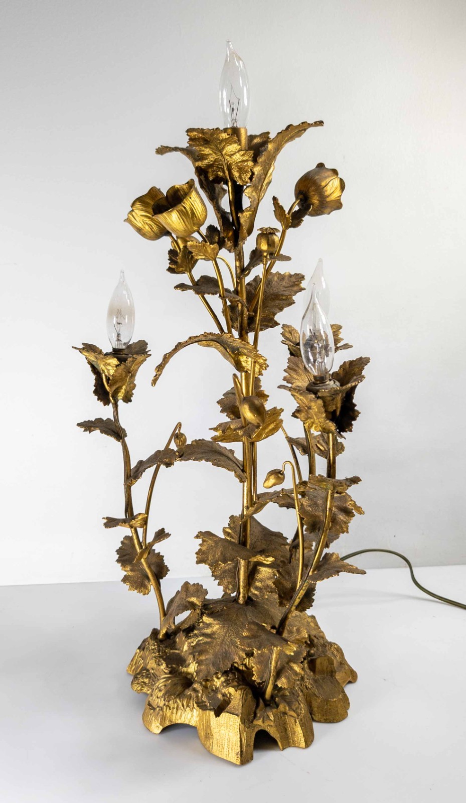 Antique 19th C. Electrified Poppy Flower Brass Table Lamp Candelabra Gilt Brass