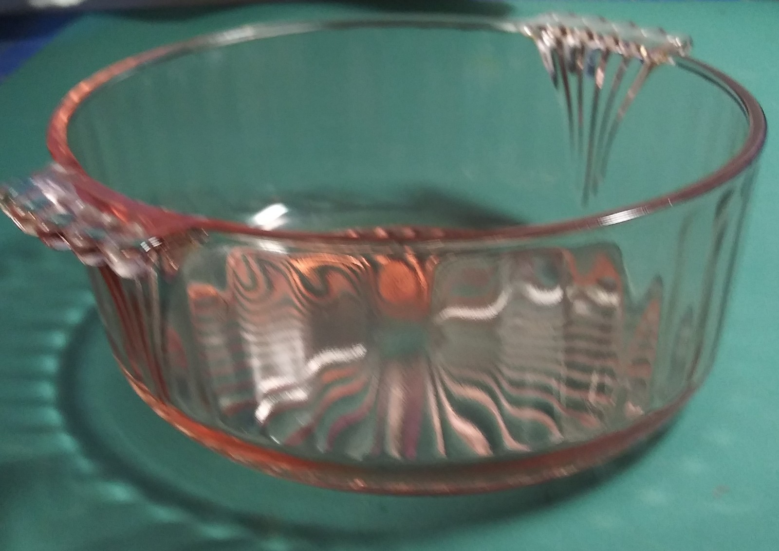 Depression Glass Pink 5 Inch Bowl Raised Ribbed Inside & Exterior. Has Handles  