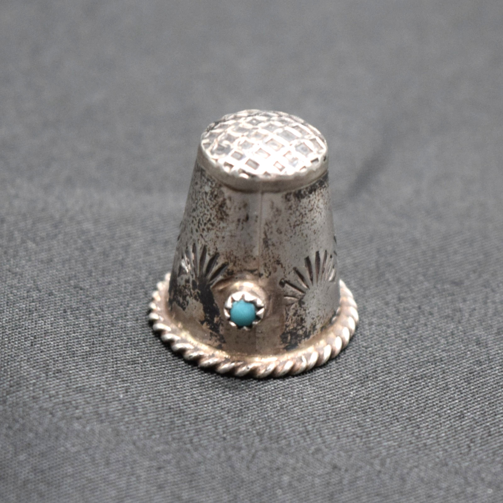 Vintage Navajo Sterling Silver Turquoise Hand Stamped Sewing Thimble-Heavy 4g