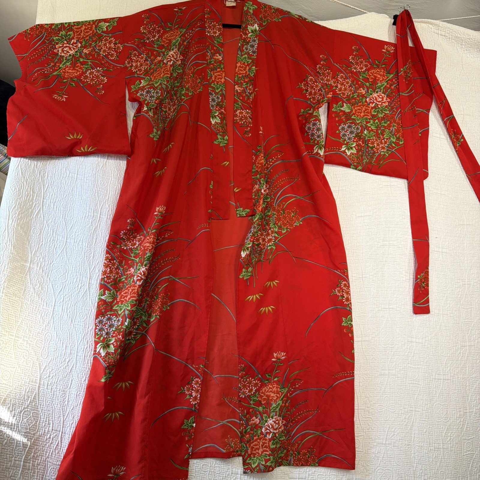 True Vintage Japanese Kimono Red Floral Polyester Long Lightweight Belt Lounge