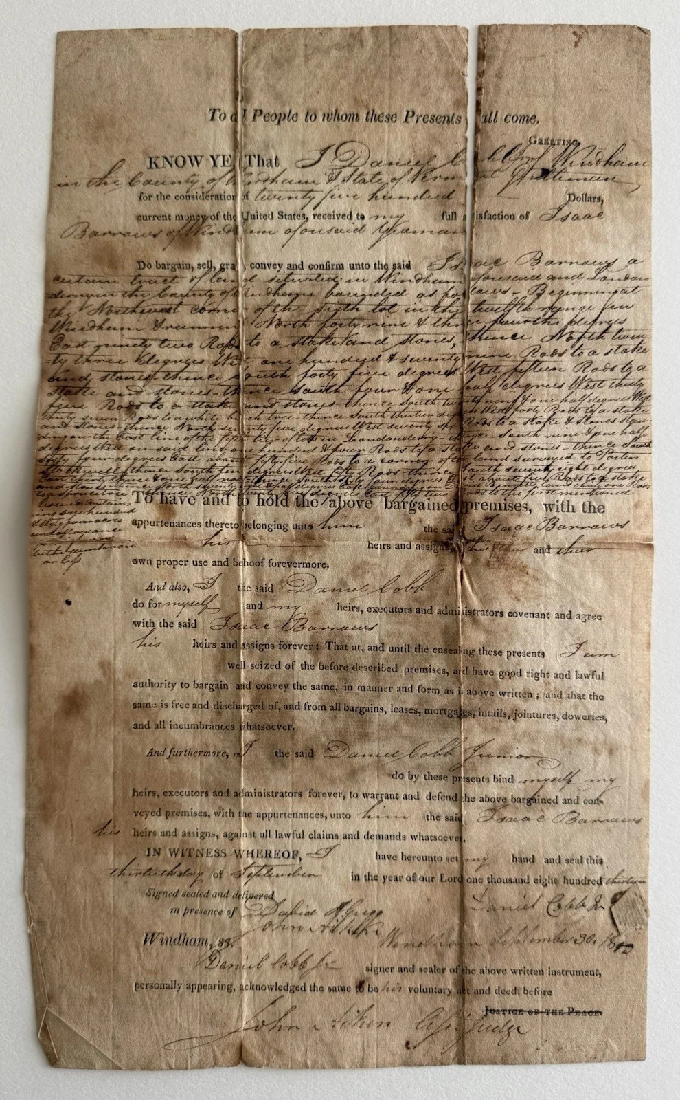 1813 Connecticut Land Deed - Cobb To Barrows - Federal Period