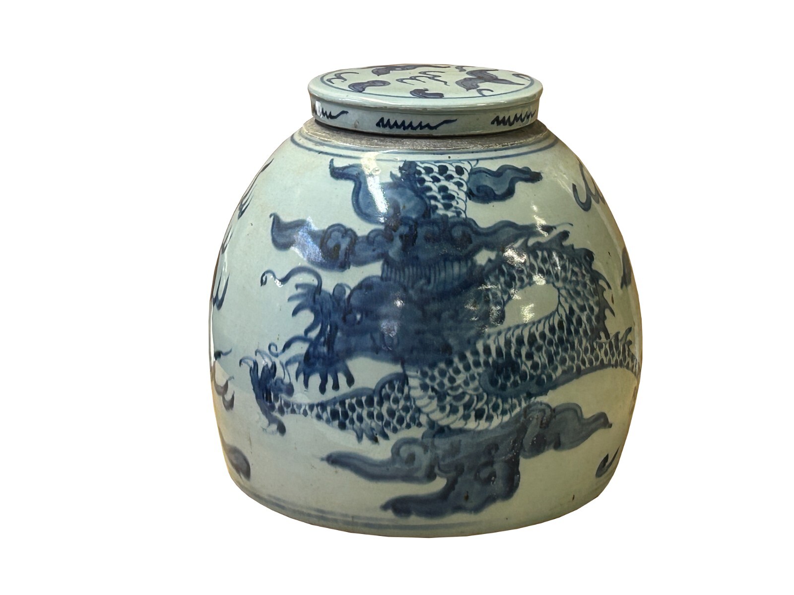 Vintage Oriental Blue White Dragon Flat Base Round Porcelain Ginger Jar ws4831