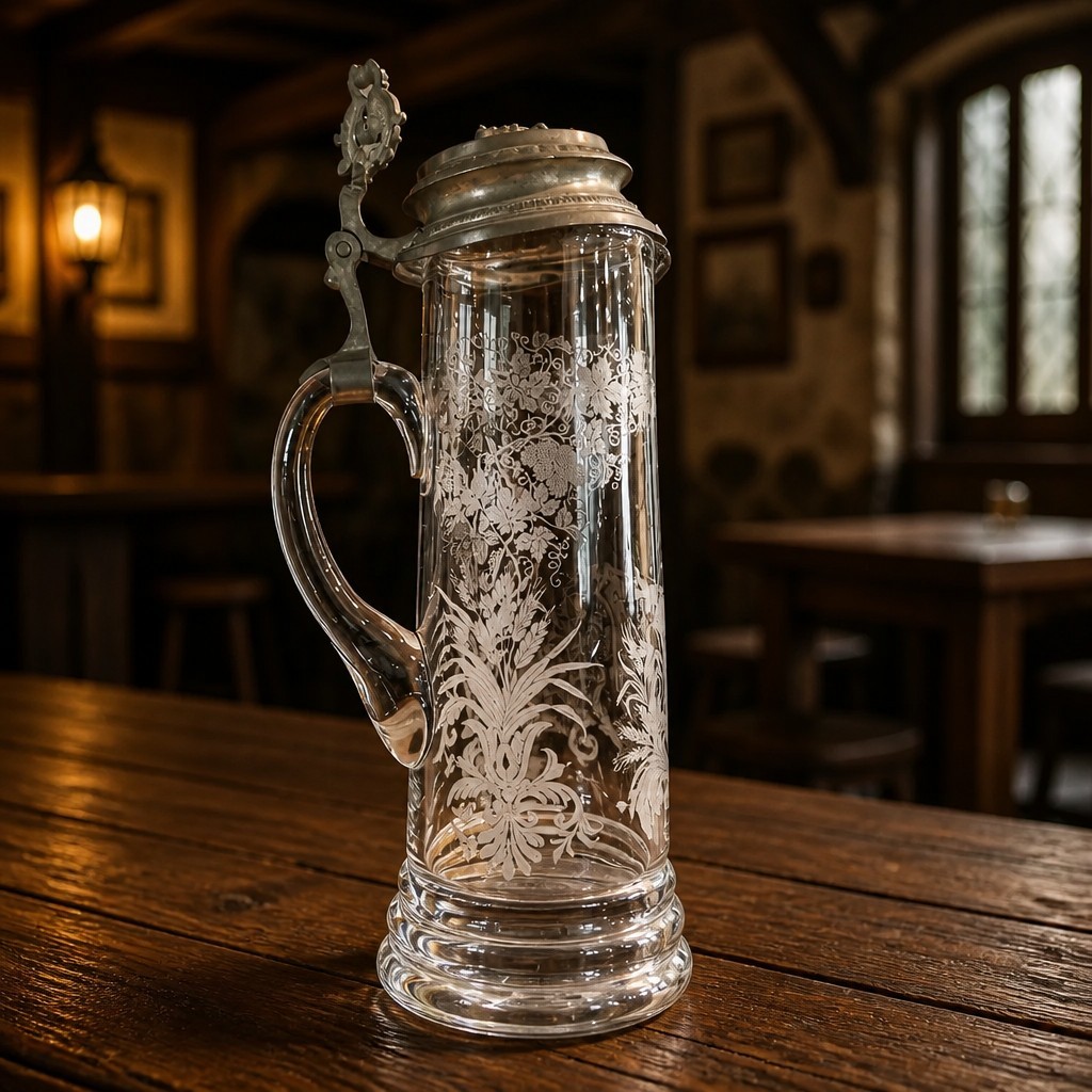 Rare 1890s Cut Crystal Beer Stein Pewter Lidded Pitcher W/ Frosted Engraving 12