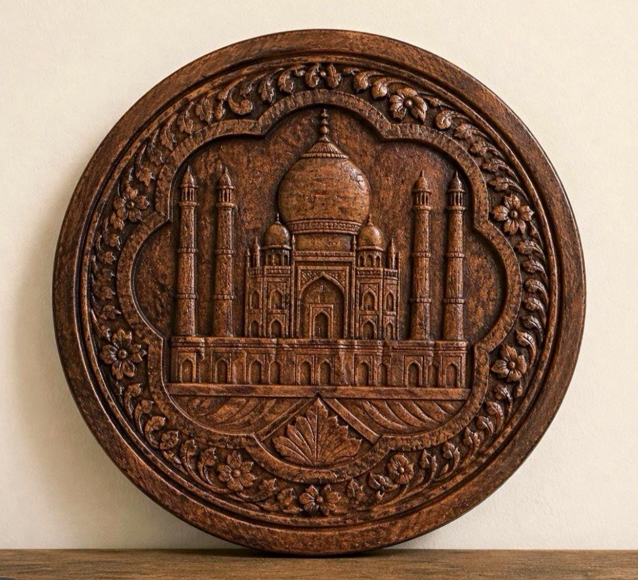 Vintage Hand Carved Wooden Taj Mahal Wall Plaque, Indian Global Boho Decor
