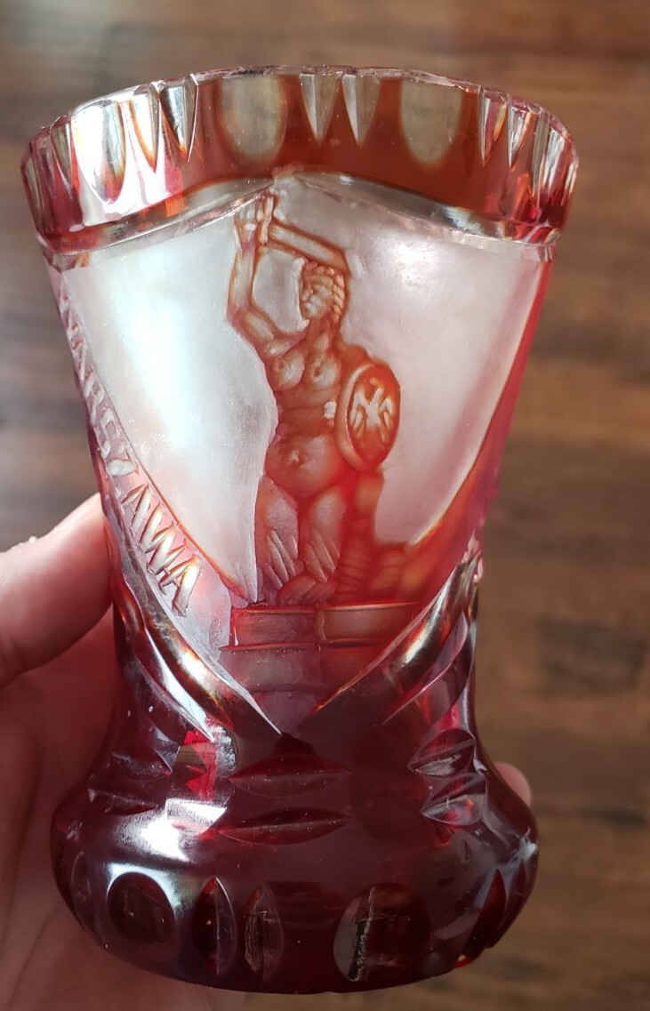 Vintage Rare Warszawa Poland Ruby Red Etched Carved Glass Vase Post War Warsaw