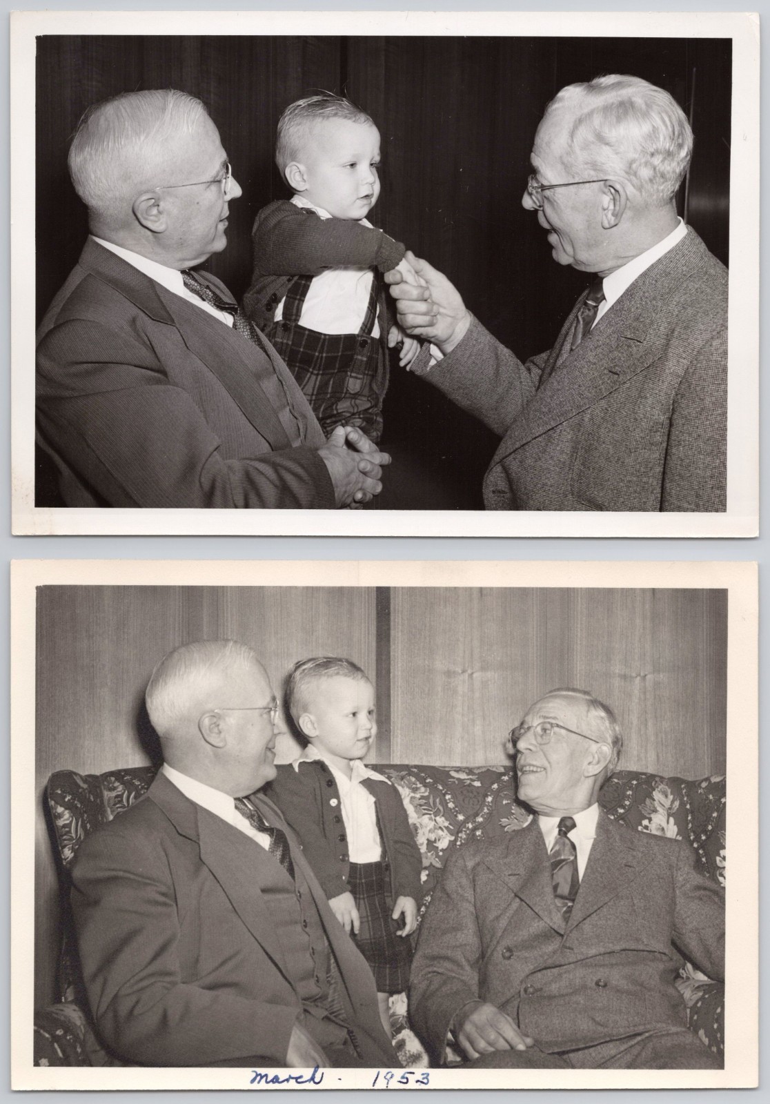 2x Vtg 1950s Photo 2 Grandfathers Cute Toddler Baby Boy Plaid Overalls Cardigan
