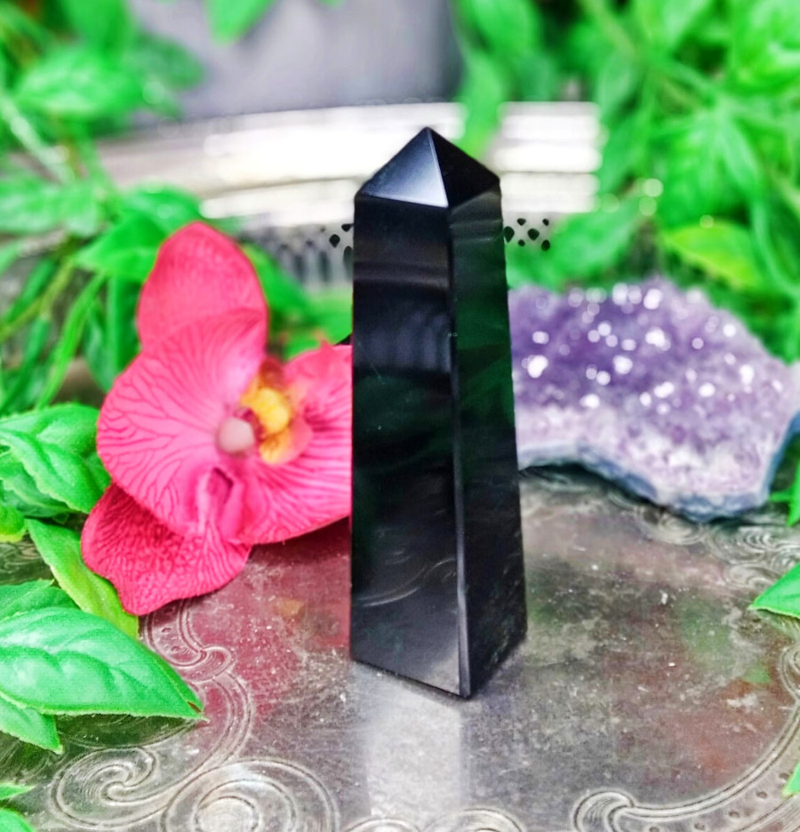 Black Obsidian Obelisk - Black Obsidian Crystal Tower - Black Obsidian Carved
