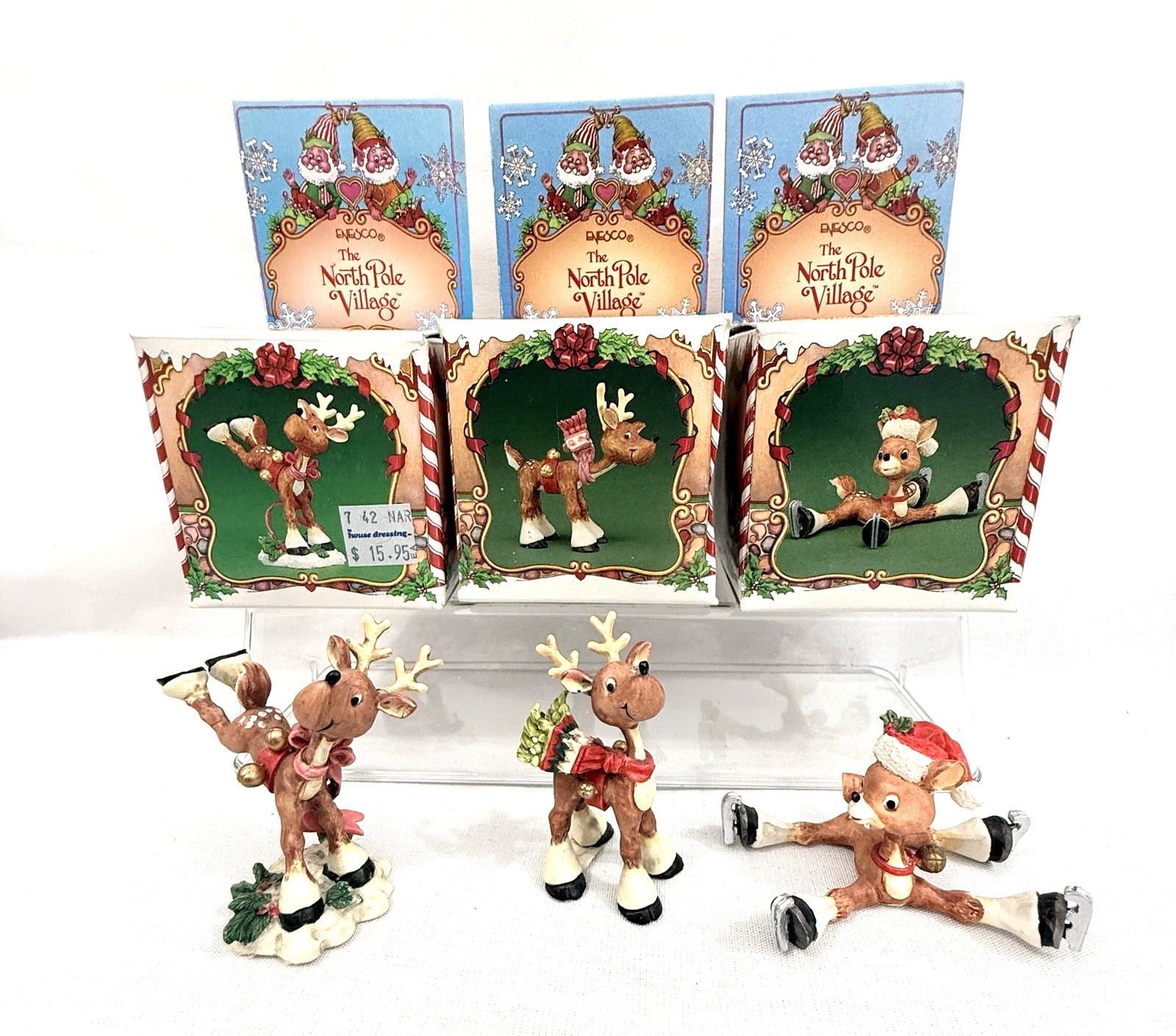 3 Enesco The North Pole Village Reindeer Blitzen Prancer Dizzy 1986 w Boxes Nice