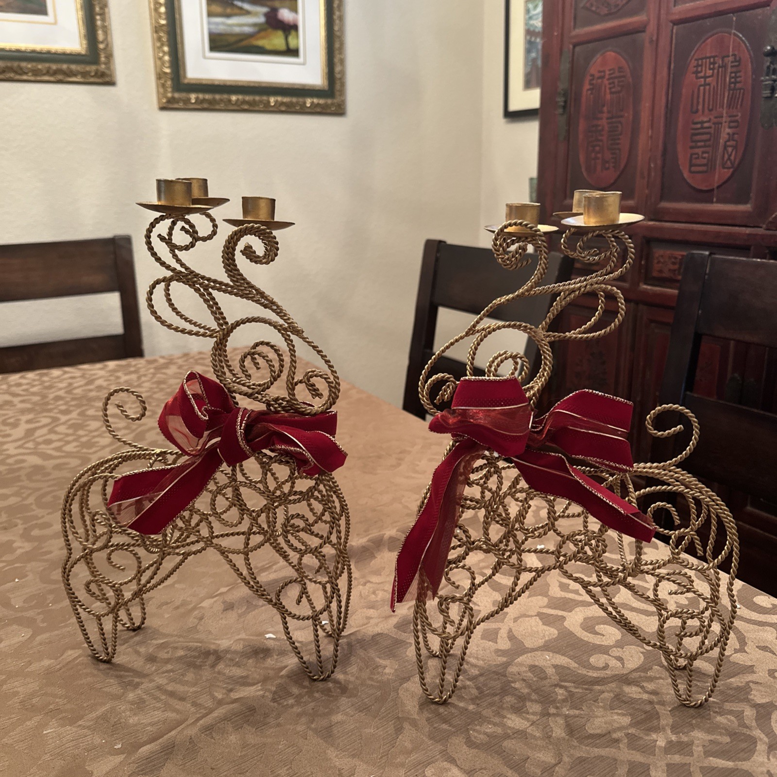 Vintage Gold Wire Reindeer Pair Candlestick Holders Red Bow Christmas Decor