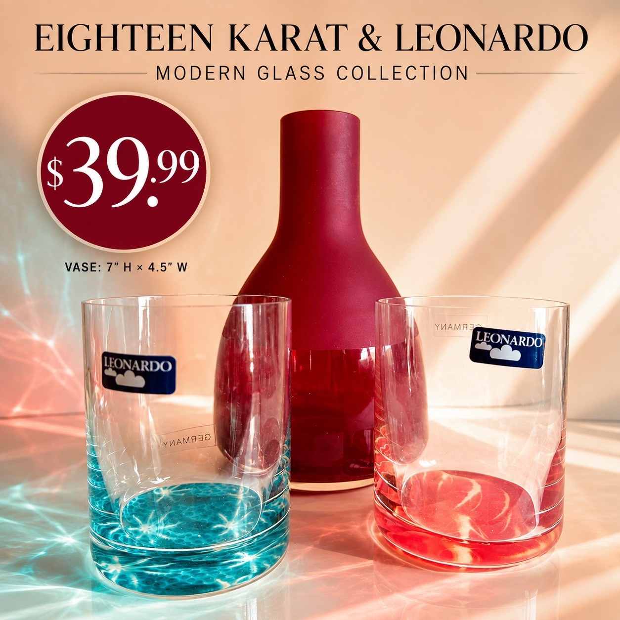 Eighteen Karat Red Glass Vase & Leonardo Germany Tumblers – 3-Piece Set