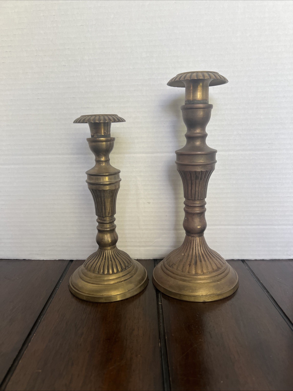 Vtg Pair Of  Baluster-Ribbed-Step Candlesticks Antique Brass  (8”-10”Pair) Taper