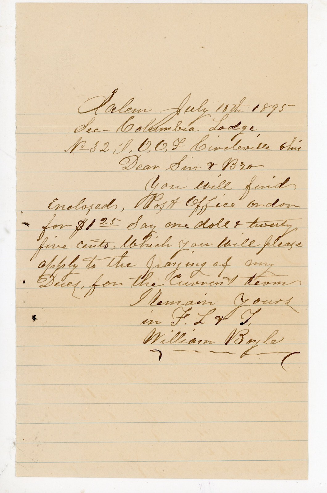 1895 Odd Fellows Letter w/ Dues Payment William Boyle Salem OH Circleville Lodge
