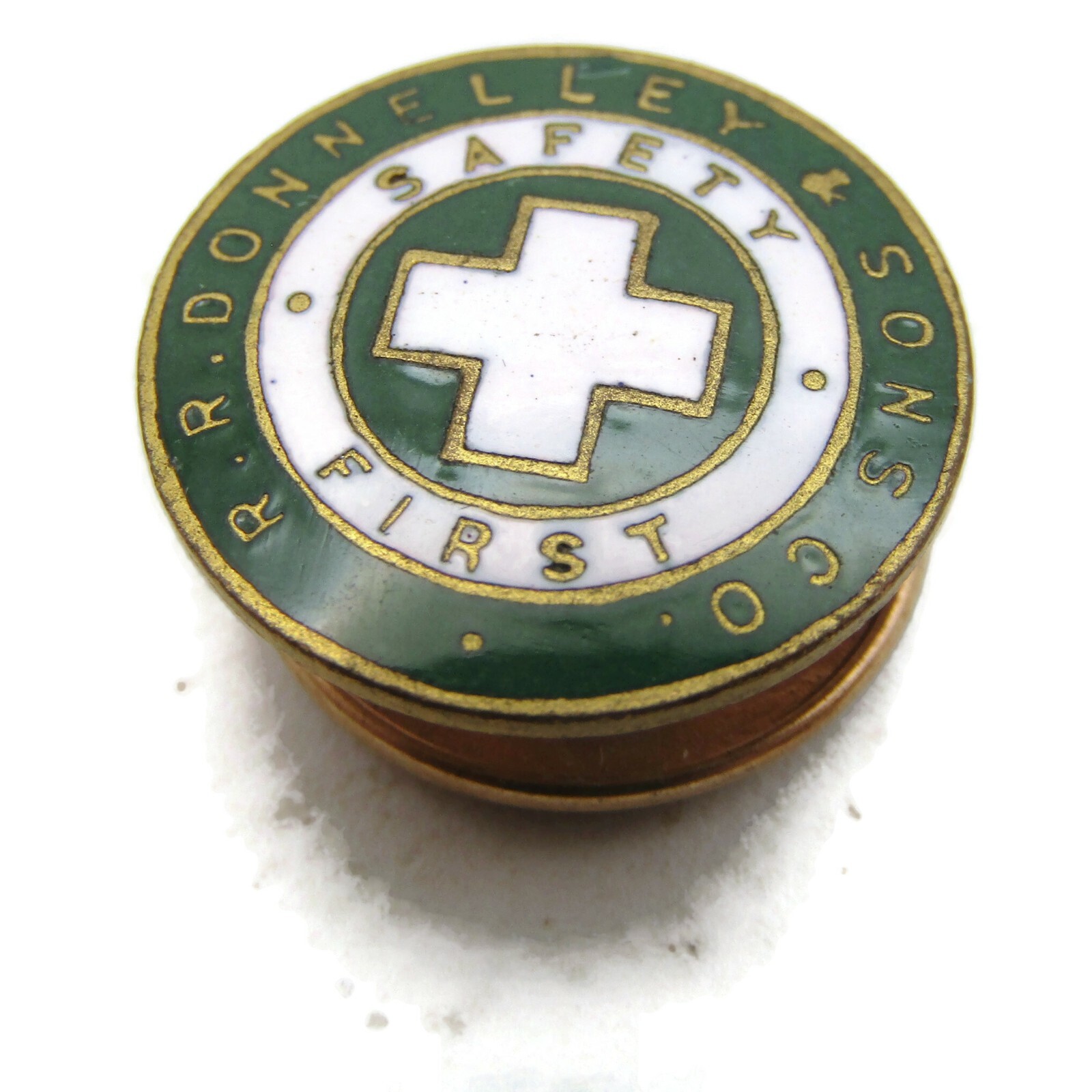 Vintage R.R. Donnelley & Sons Safety First Award Pin Green Enamel Screwback