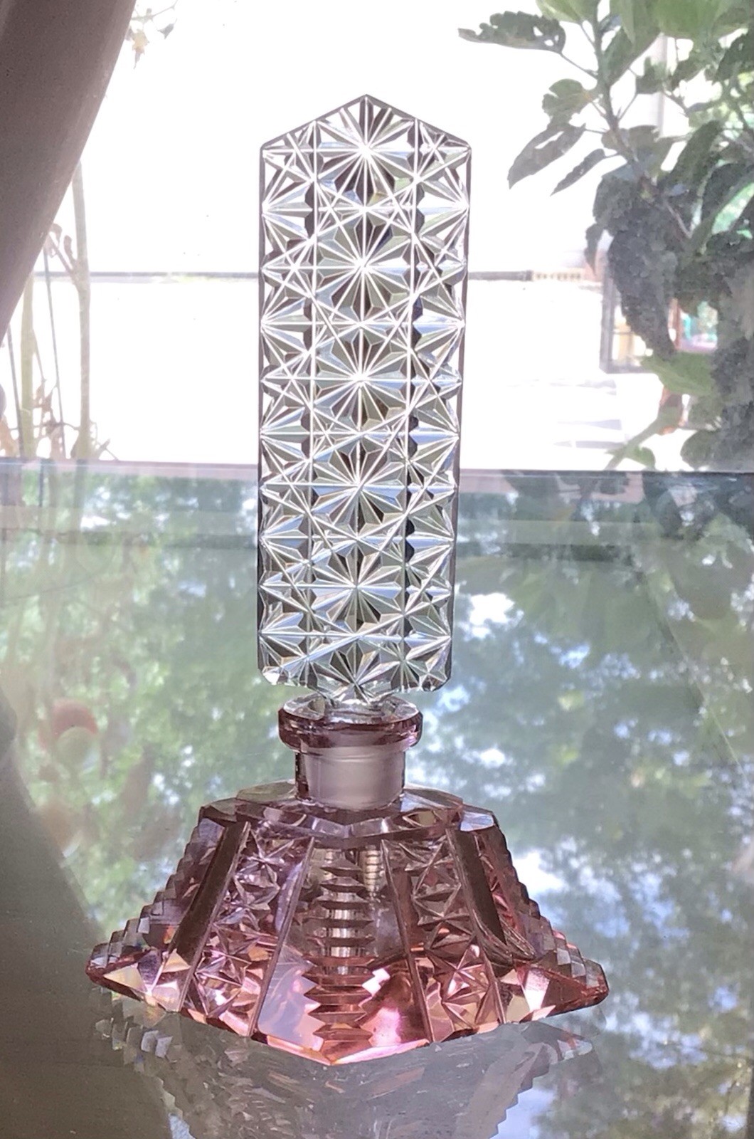 Vintage Czech Bohemiam Cut Glass Perfume Bottle.   5-1/2” Tall