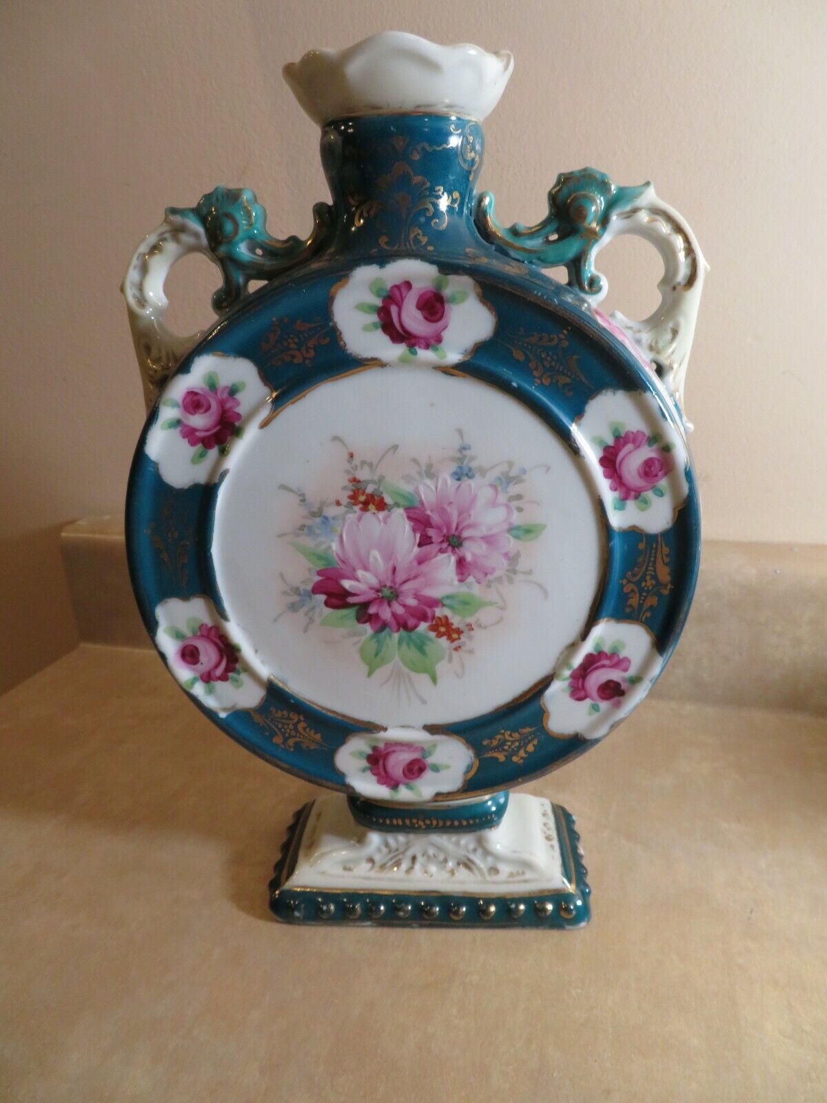 Round Flat Victorian old antique European vase with handles floral 10.25